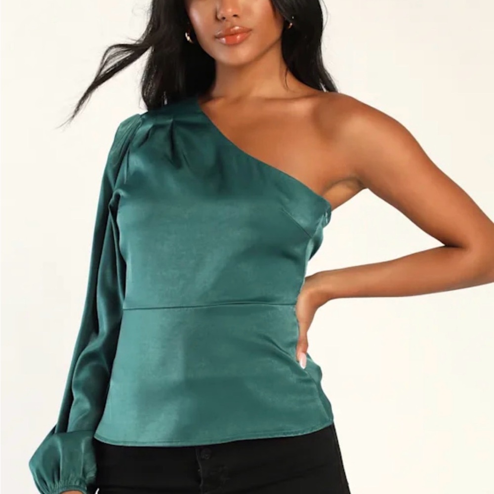 Lulus Meet Me at Happy Hour Teal Satin One-Shoulder Long Sleeve Top